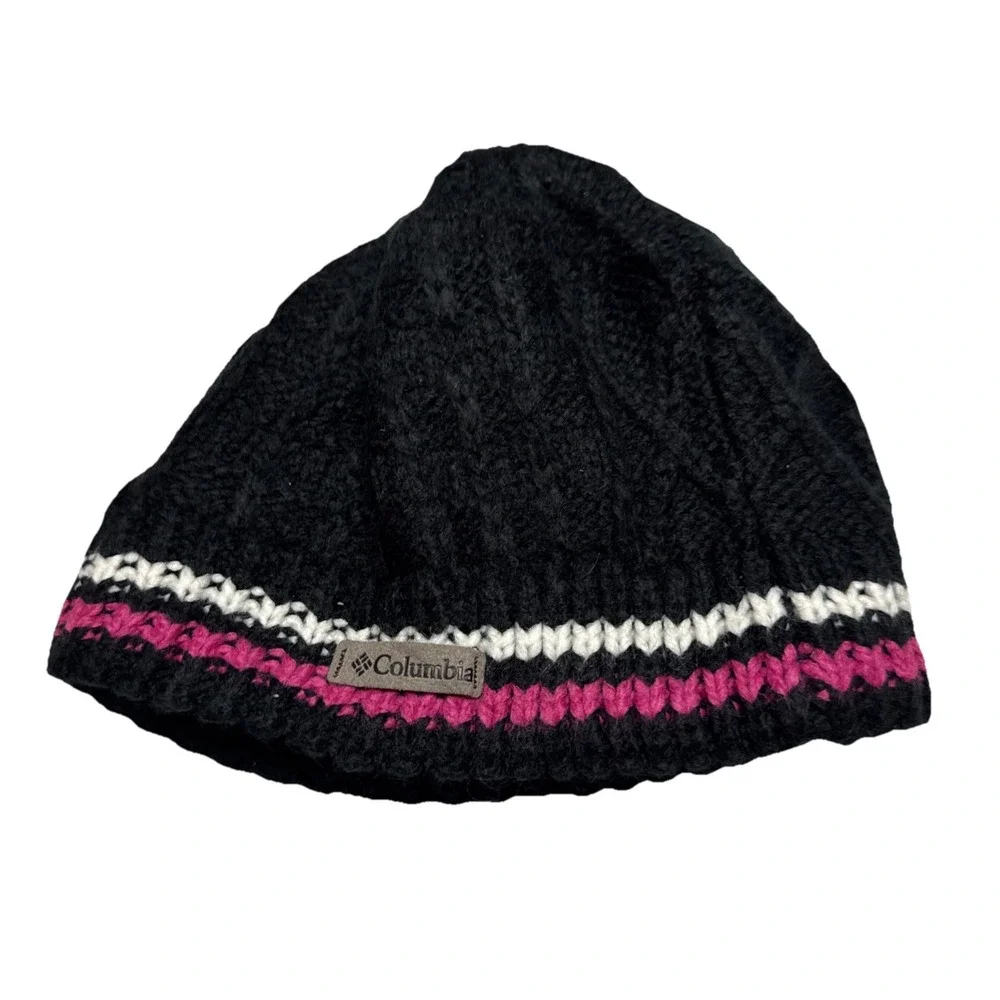 Columbia Youth SM Beanie Black Pink White Striped‎ Fleece Lined Knit Hat CY0077